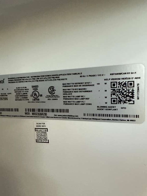 Whirlpool WRSC5536RZ 21 Cu. Ft 36" Side-by-Side Counter-Depth Refrigerator - Assessment Photo 10