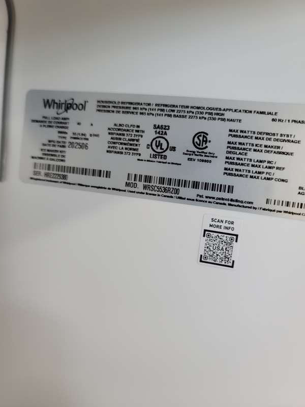 Whirlpool WRSC5536RZ 21 Cu. Ft 36" Side-by-Side Counter-Depth Refrigerator - Assessment Photo 10
