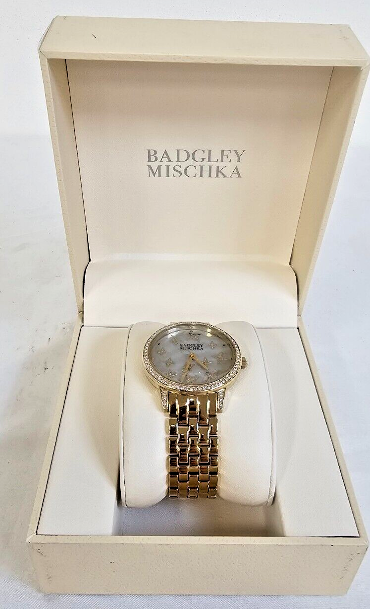 New Badgley Mischka Gold Tone MOP Bracelet Watch Swarovski Crystal BA/1390GMGB