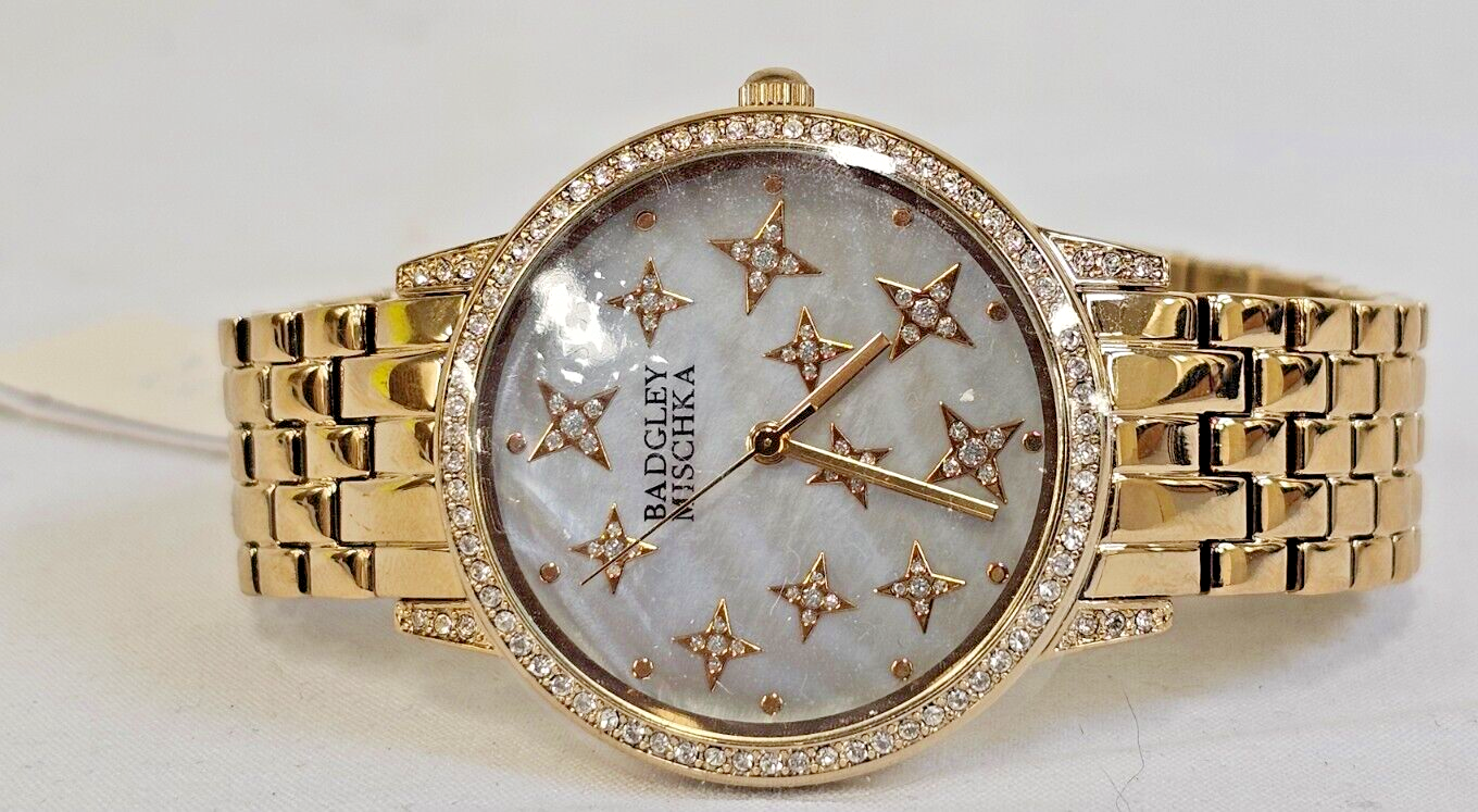 New Badgley Mischka Gold Tone MOP Bracelet Watch Swarovski Crystal BA/1390GMGB