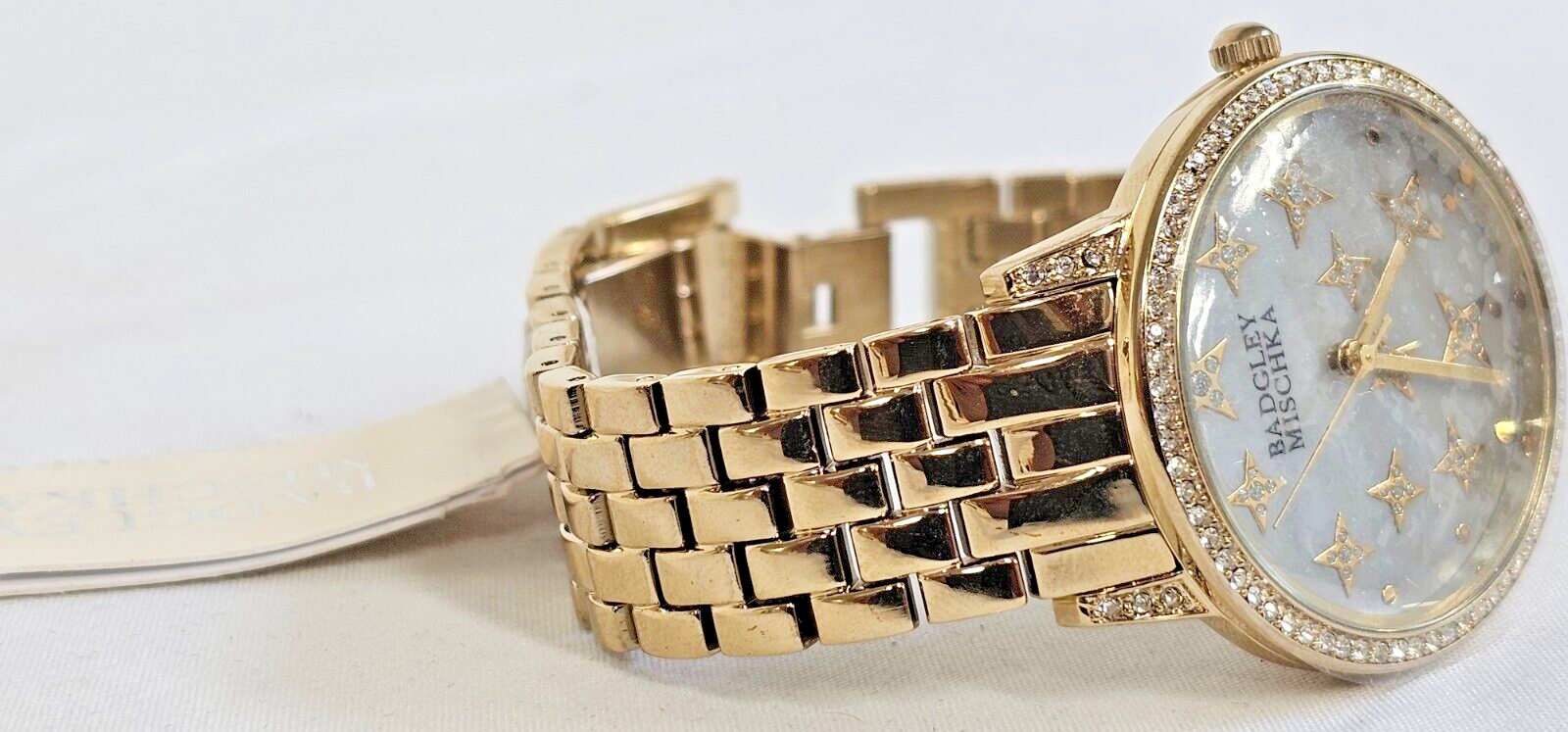 New Badgley Mischka Gold Tone MOP Bracelet Watch Swarovski Crystal BA/1390GMGB