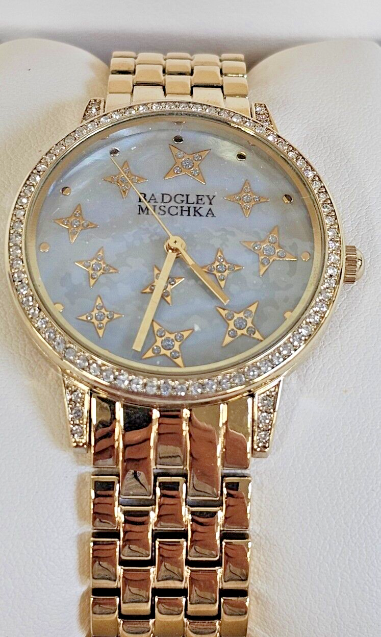 New Badgley Mischka Gold Tone MOP Bracelet Watch Swarovski Crystal BA/1390GMGB