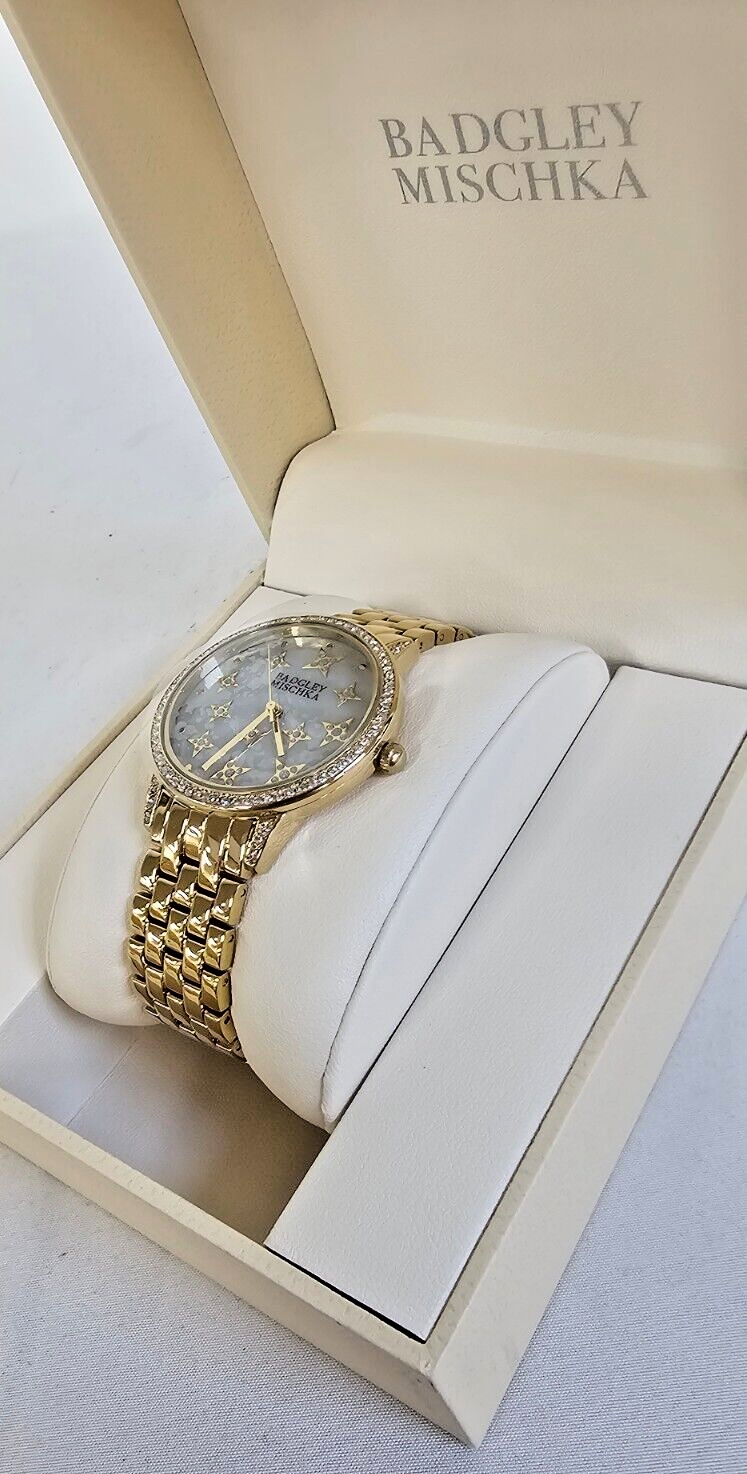 New Badgley Mischka Gold Tone MOP Bracelet Watch Swarovski Crystal BA/1390GMGB