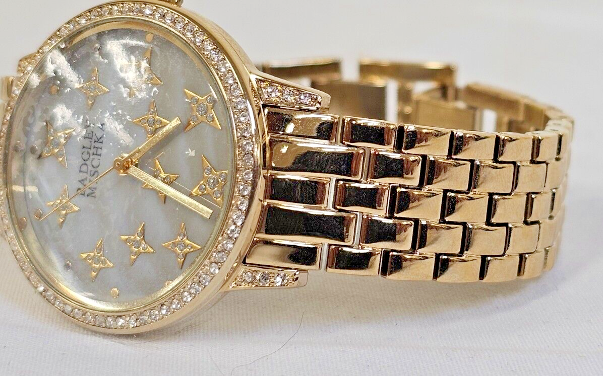 New Badgley Mischka Gold Tone MOP Bracelet Watch Swarovski Crystal BA/1390GMGB