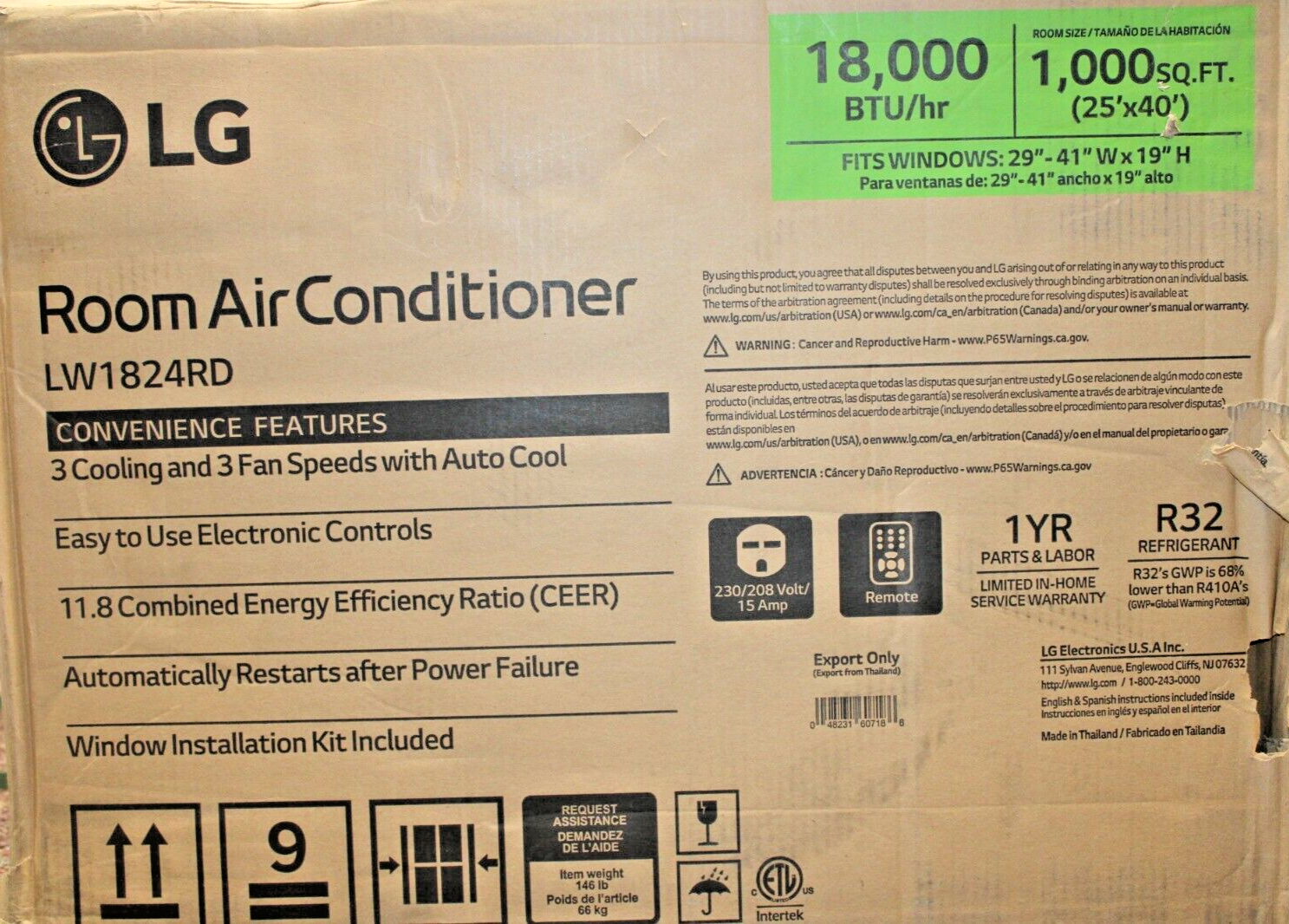 LG LW1824RD 18,000 BTU 230/208V Window Mounted Air Conditioner Cools 1,000 Sq.ft