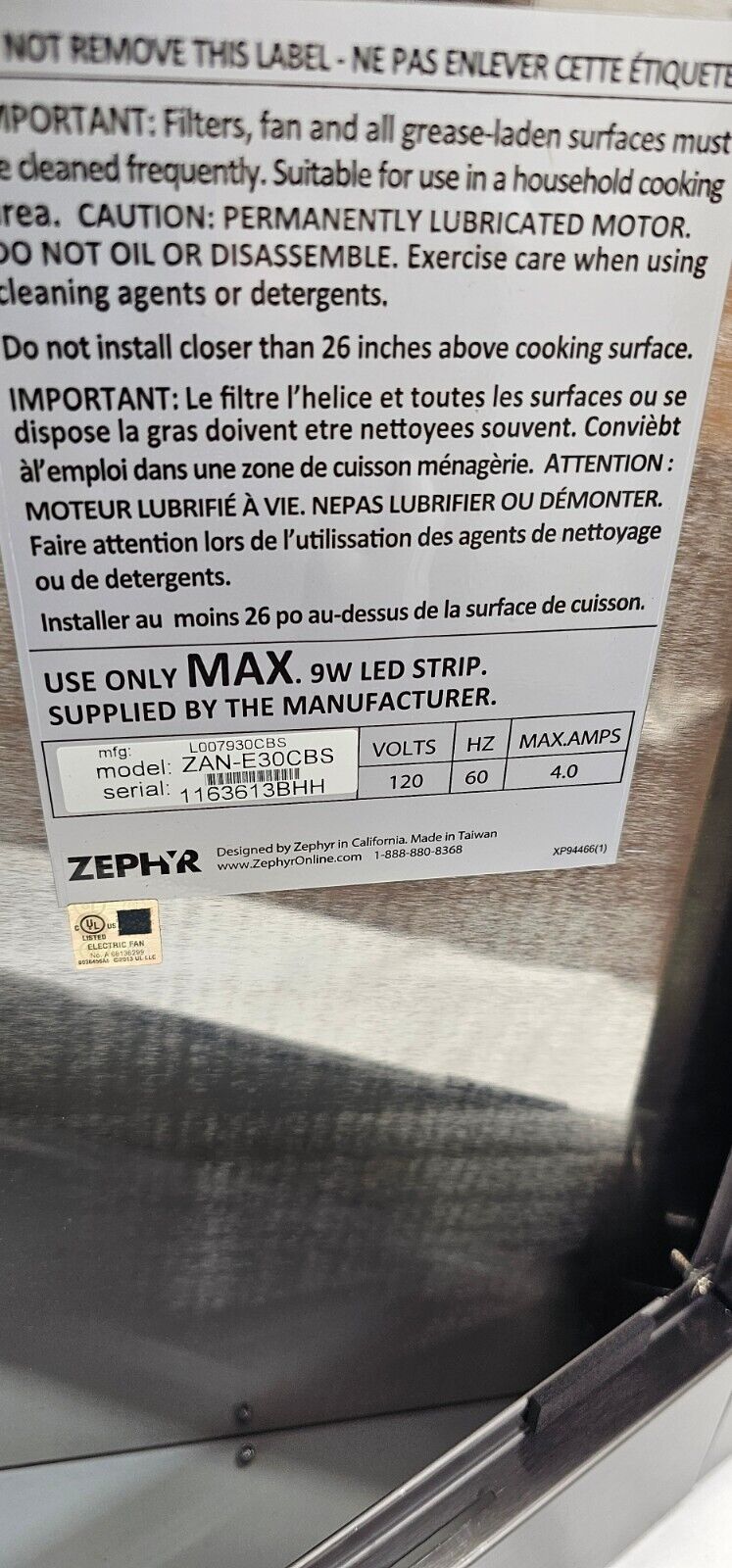 Zephyr Anzio 30" 600 CFM Wall Mount Range Hood w/ LED light Stainless ZAN-E30CBS