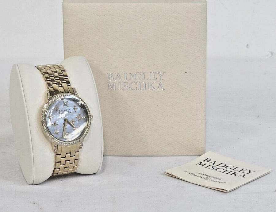 New Badgley Mischka Gold Tone MOP Bracelet Watch Swarovski Crystal BA/1390GMGB