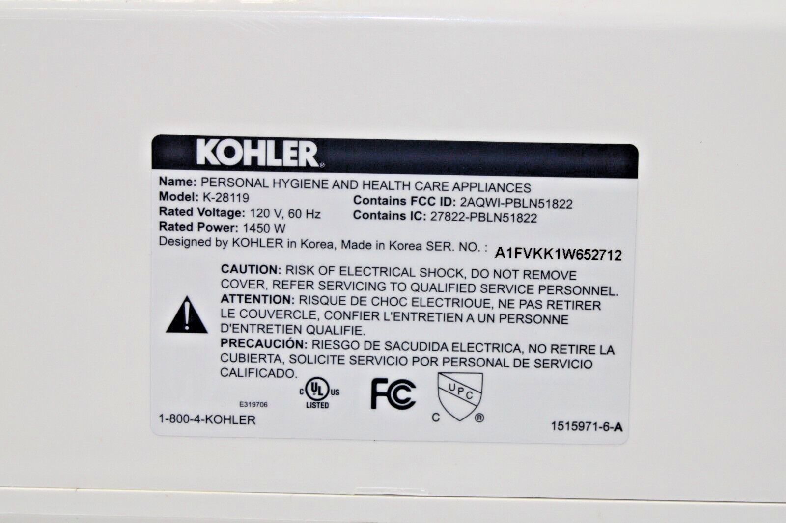 Kohler 28119-0 C3-325 Premium Enlongated Bidet Toilet Seat w/ Remote Control