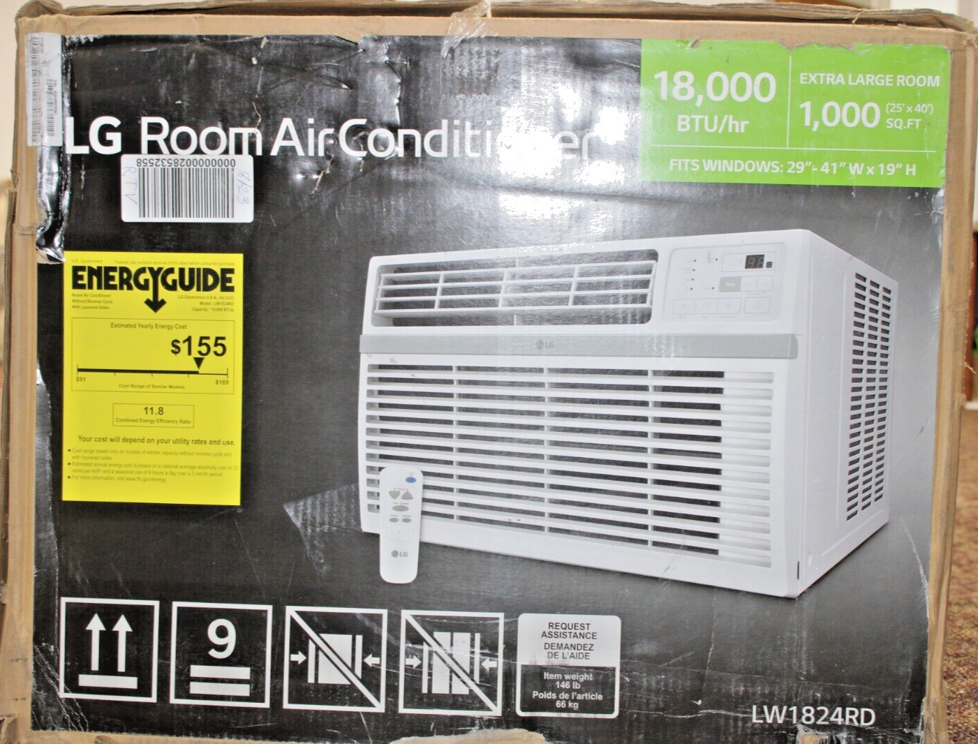 LG LW1824RD 18,000 BTU 230/208V Window Mounted Air Conditioner Cools 1,000 Sq.ft
