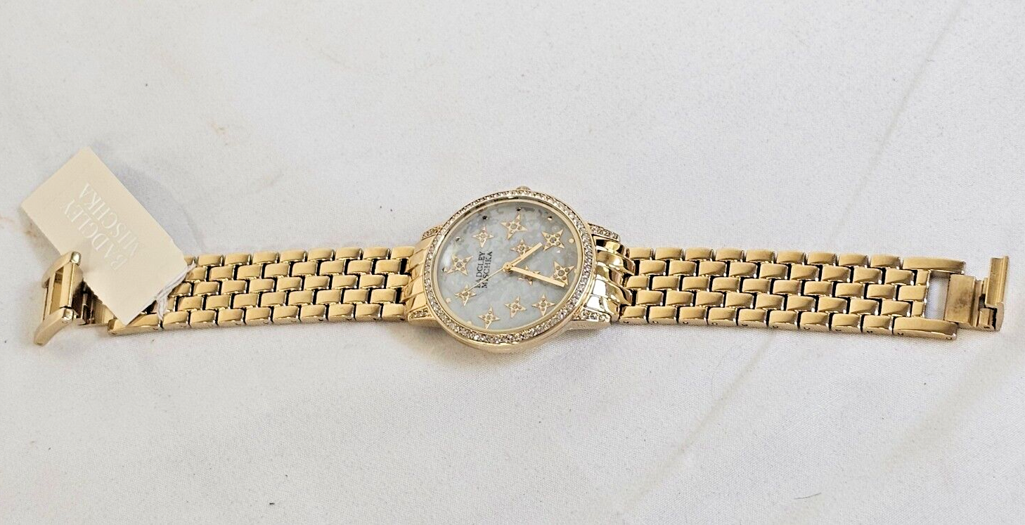 New Badgley Mischka Gold Tone MOP Bracelet Watch Swarovski Crystal BA/1390GMGB