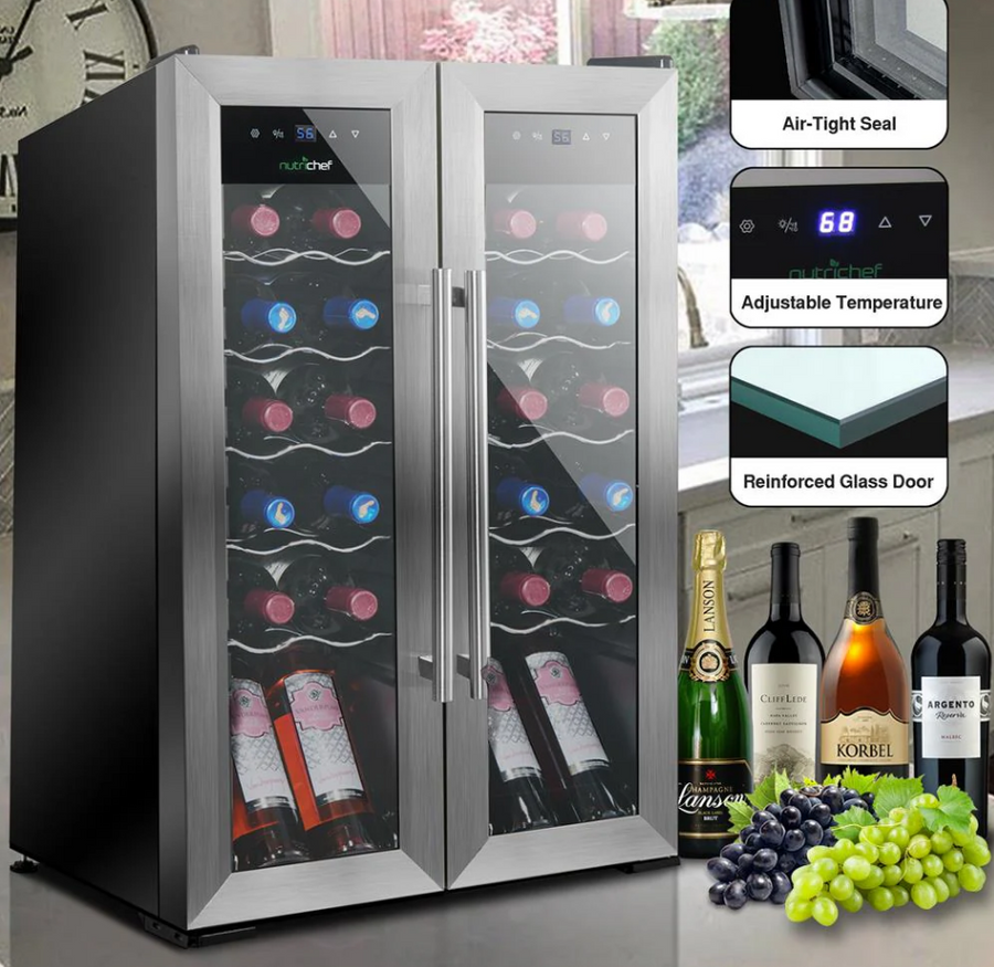 NutriChef PKCWC24 Dual Zone 24-Bottle Wine Cooler Refrigerator w/ French Doors