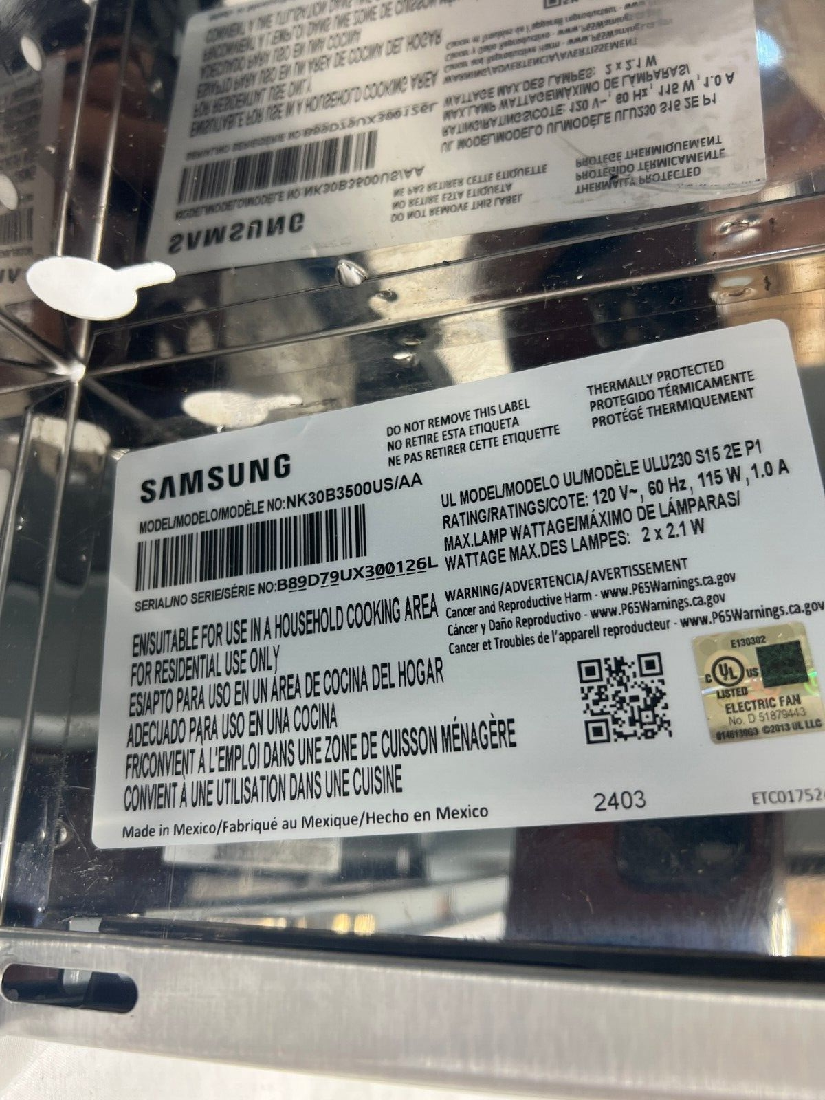 New Samsung NK30B3500US/AA - 30" Under Cabinet Range Hood - Stainless Steel