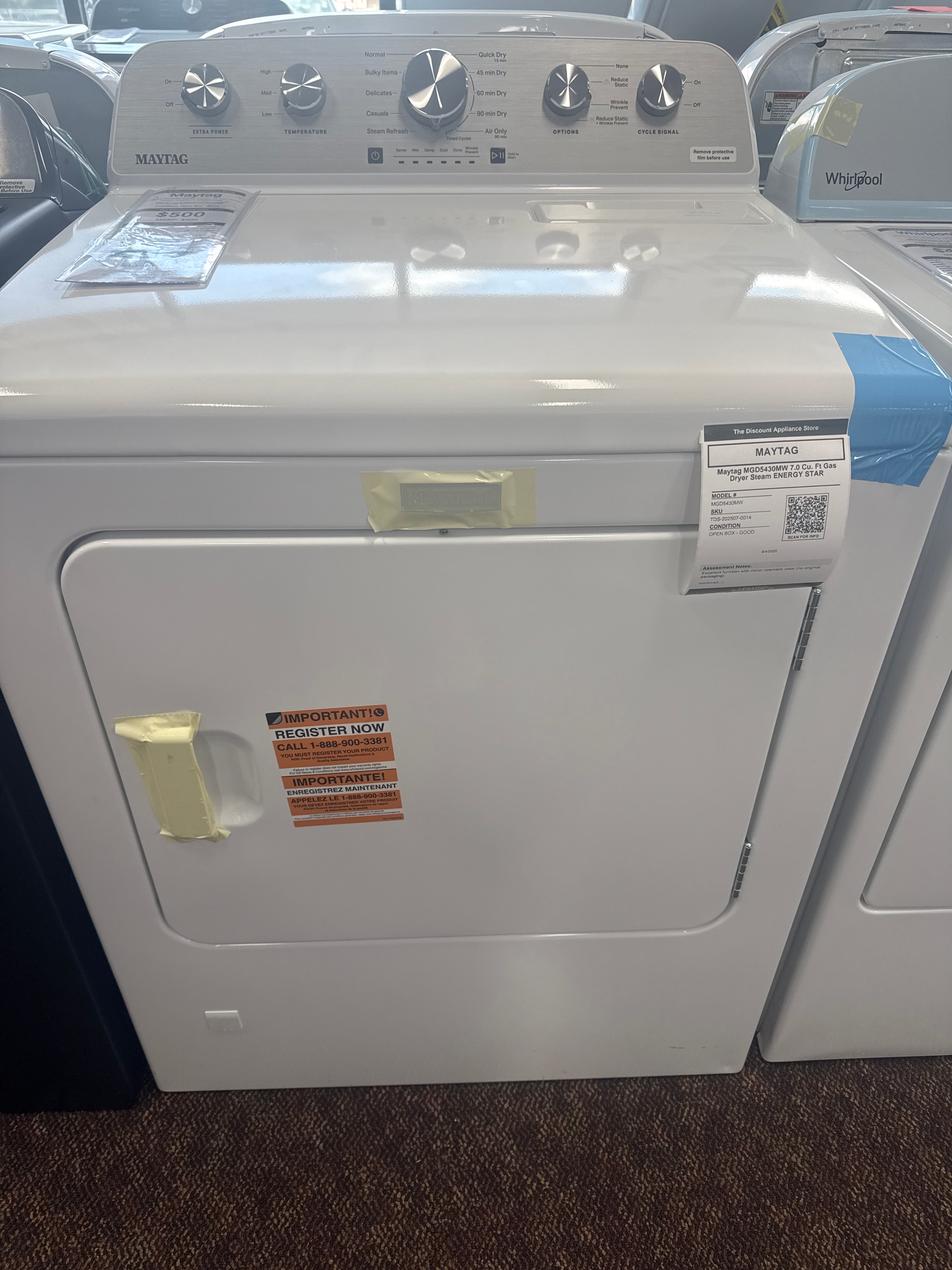 Maytag MGD5430MW 7.0 Cu. Ft Gas Dryer Steam ENERGY STAR White
