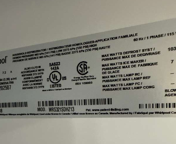 Whirlpool WRS321SDHZ 21.4 Cu. Ft 33" Side-by-Side Refrigerator, Stainless Steel - Assessment Photo 11