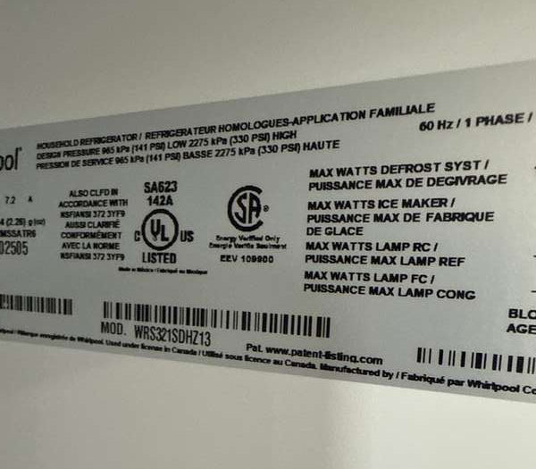 Whirlpool WRS321SDHZ 21.4 Cu. Ft 33" Side-by-Side Refrigerator, Stainless Steel - Assessment Photo 12