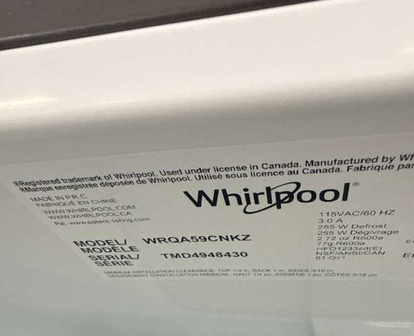 Whirlpool WRQA59CNKZ 19.4 Cu. Ft 4-Door French Door Counter-Depth Refrigerator - Assessment Photo 13
