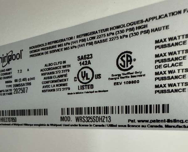 Whirlpool WRS325SDHZ 24.6 Cu. Ft  36" Side-by-Side Refrigerator, Stainless Steel - Assessment Photo 13