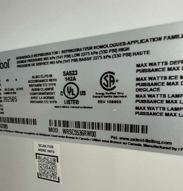 Whirlpool WRSC5536RW 21 Cu. Ft 36" Side-by-Side Counter-Depth Refrigerator White - Assessment Photo 9