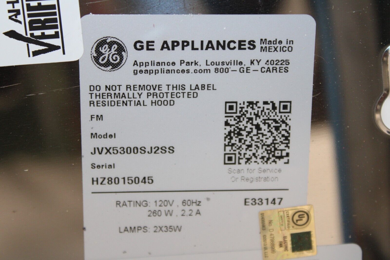 GE JVX5300SJSS 30" Convertible Under Cabinet 310 CFM Range Hood, Stainless Steel