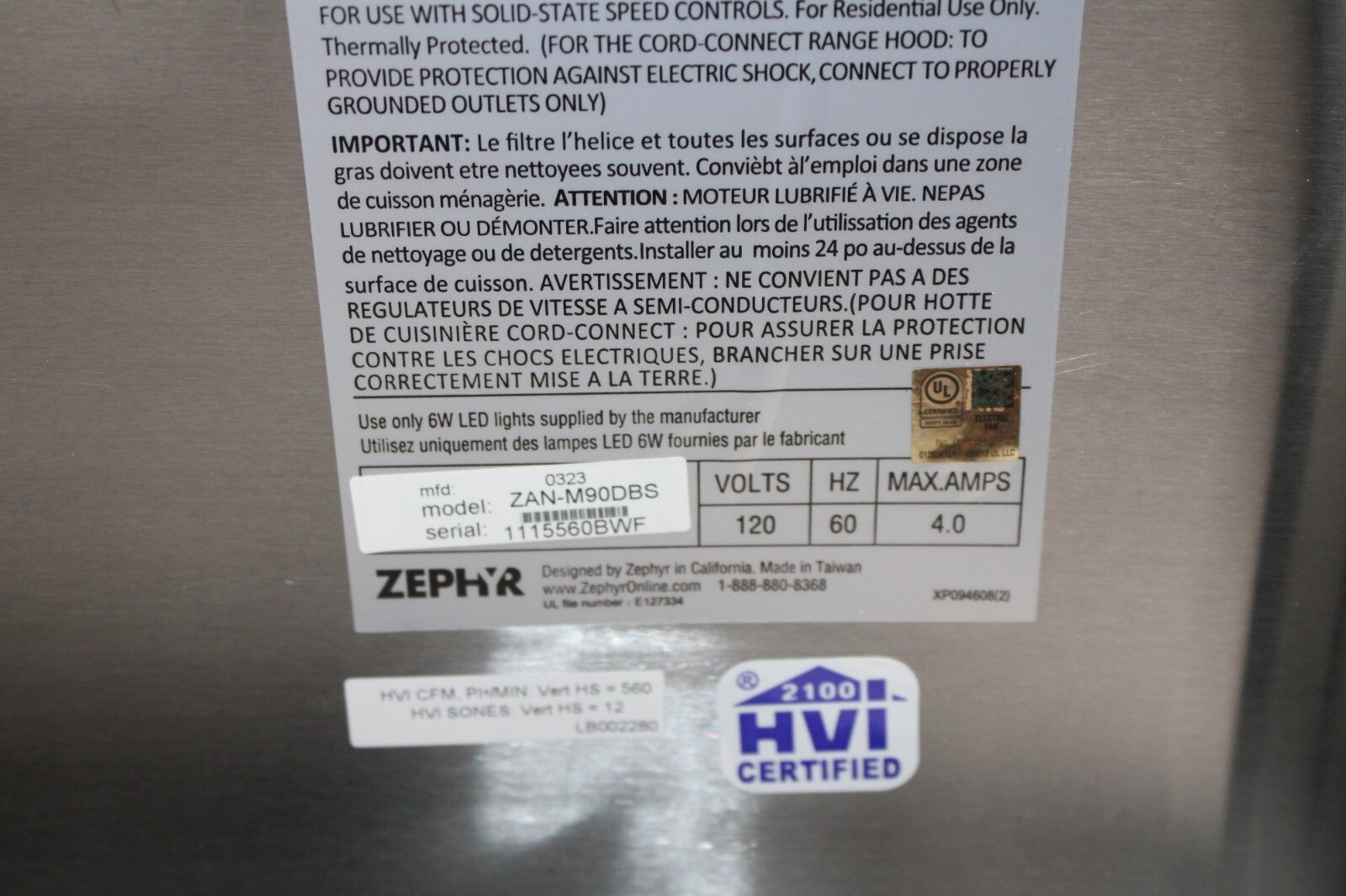 Zephyr ZAN-M90DBS Anzio 36" 600 CFM Wall Mount Range Hood, Black Stainless