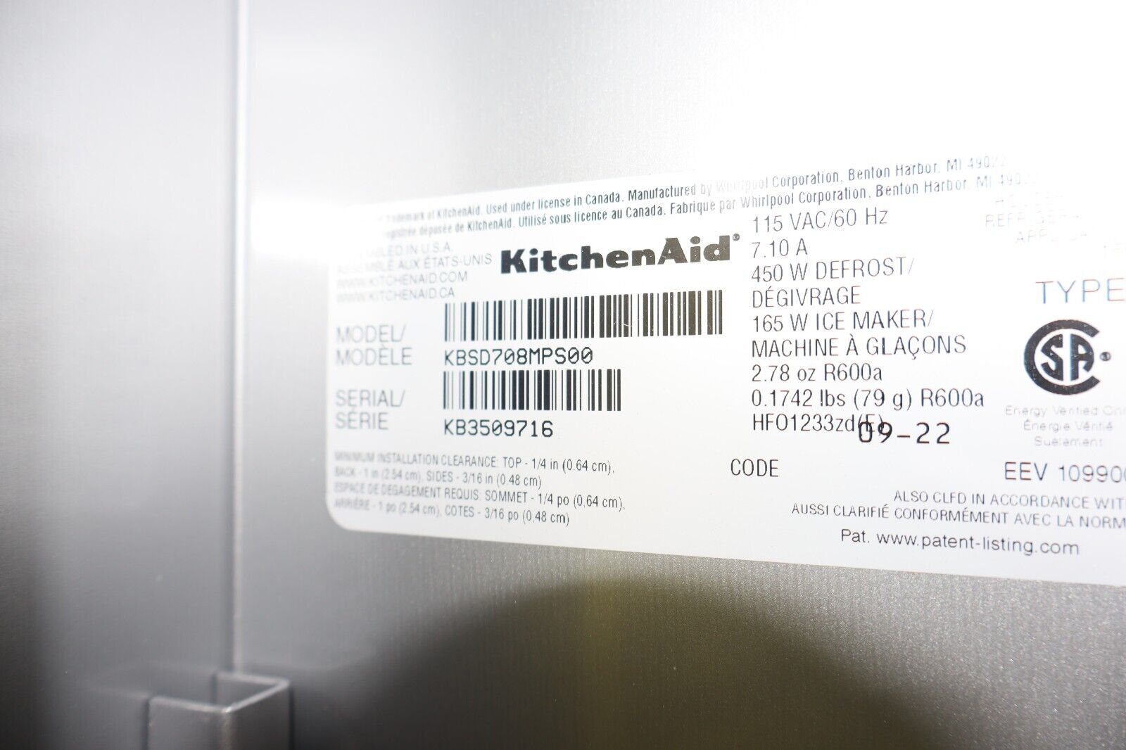 KitchenAid KBSD708MPS 29.4 Cu. Ft. 48" Built-In Side-by-Side Refrigerator in SS