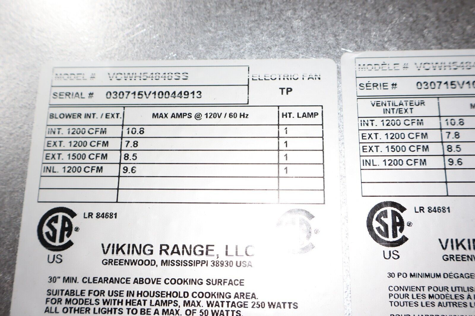 Viking VCWH54848SS 48" Wide 18" High Wall Mount Chimney  Range Hood, Stainless Steel